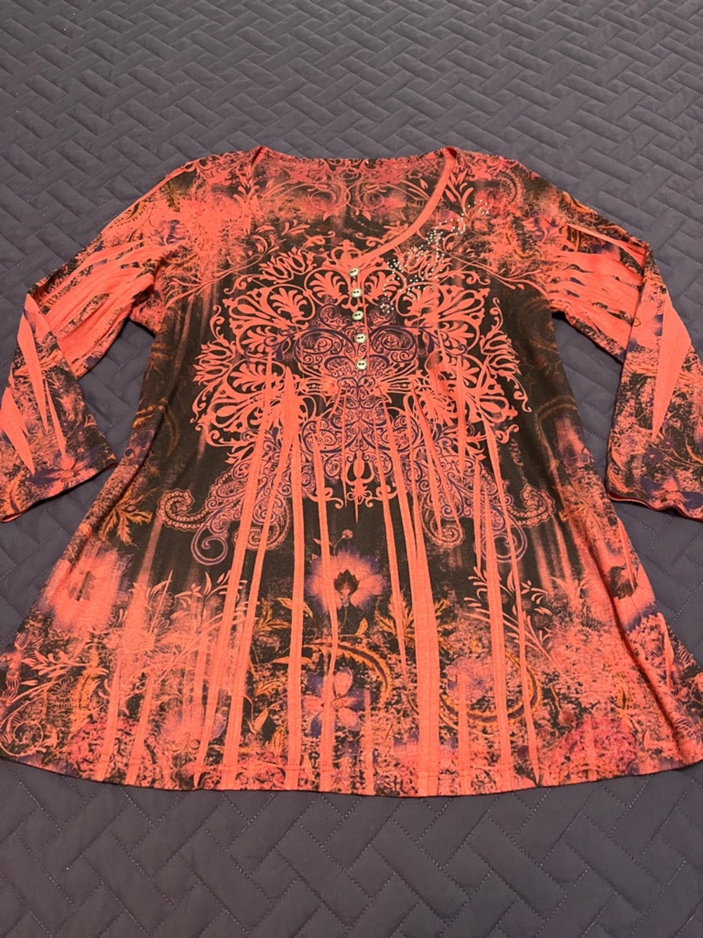 Embellished Red and Black Printed 3/4 Sleeve Tunic